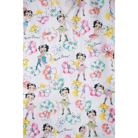 Betty Boop " Pure Sass" Cartoon Colourful Scrub Top w Pockets cotton XS - Picture 2 of 8